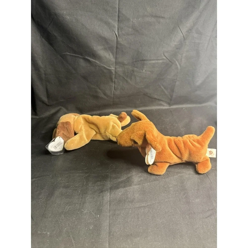 Set of 2 Ty Beanie Babies Bones Dog Plush 1993 1994 Heart Tags PVC Pellets